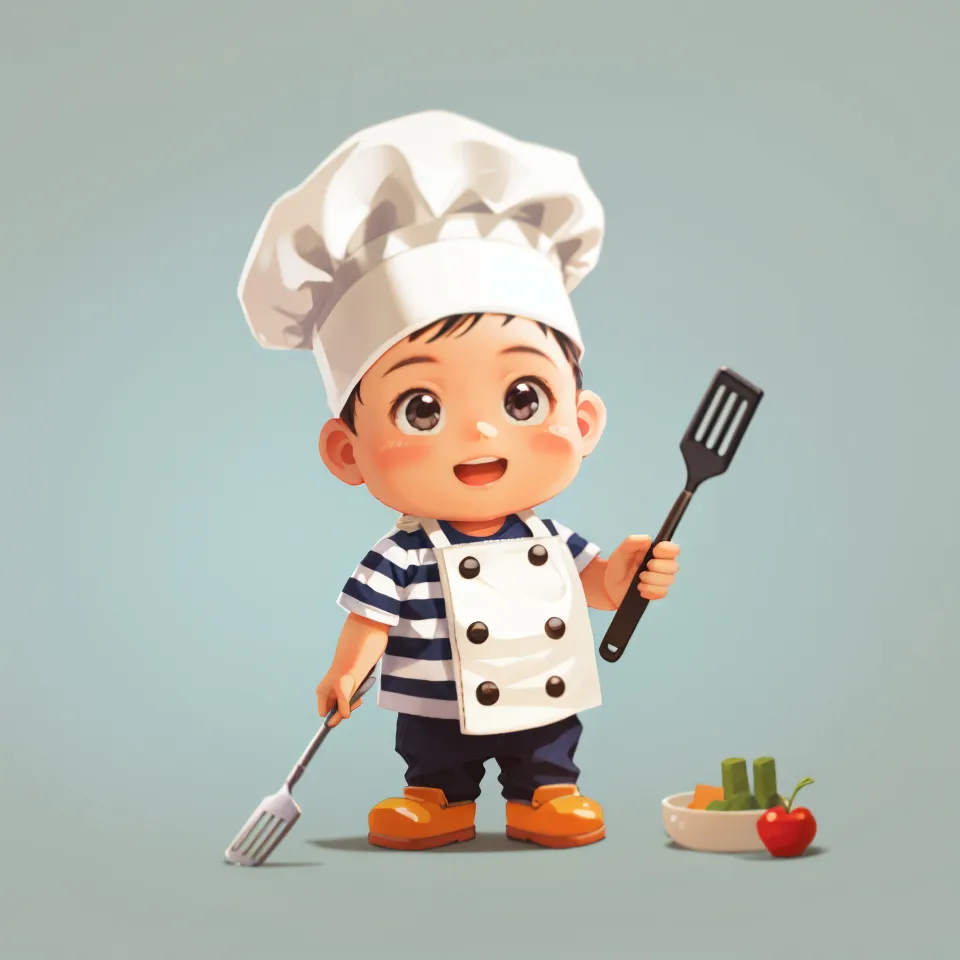 The picture shows a little boy wearing a chef's hat and apron. He is holding a spatula in his right hand and a fork in his left hand. There is a bowl of vegetables and fruit on the ground next to him. The boy has a happy expression on his face.