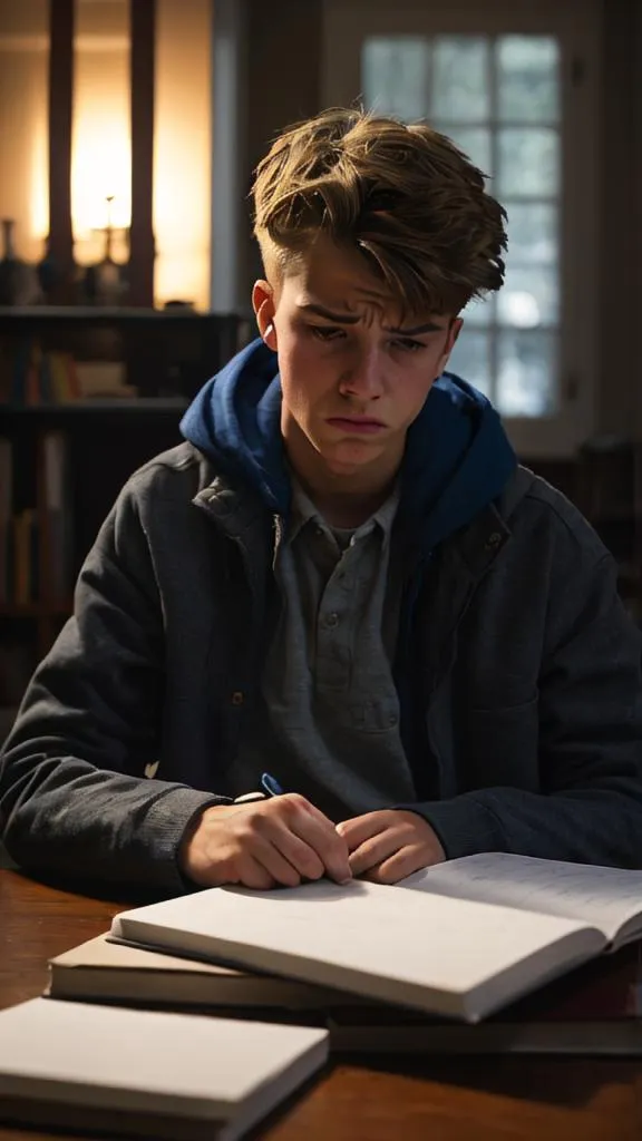 The image shows a teenage boy sitting at a desk in a library, looking stressed while holding a pen and staring at a textbook. He is wearing a blue sweater and a gray jacket. There are two books on the desk. He seems to be struggling with something.