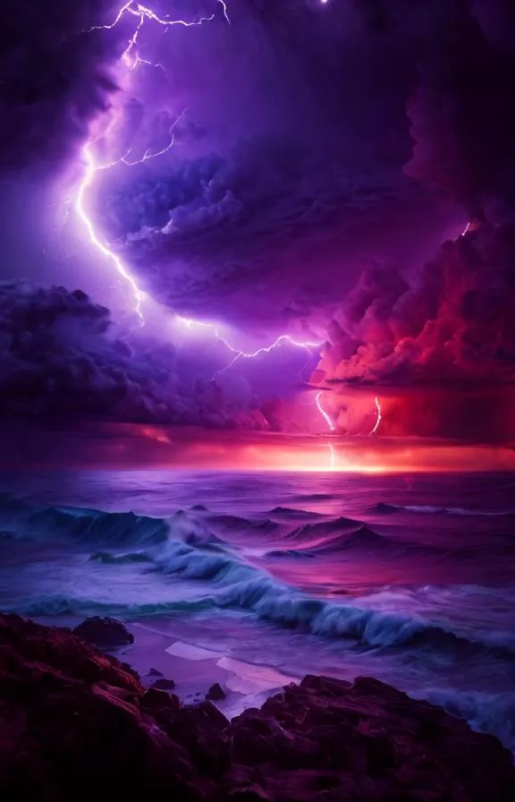 A raging storm churns the ocean into a frenzy of crashing waves and blinding lightning. The sky is lit up with an eerie purple glow, casting an ominous light over the turbulent sea. The waves are capped with white foam and crash against the rocky shore with a deafening roar. The storm is at its peak, and it is a sight to behold.