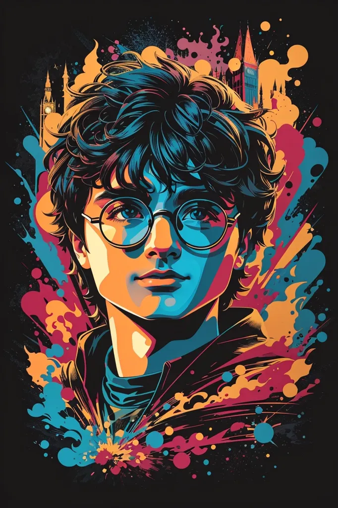 This is a picture of Harry Potter. He is wearing glasses and a blue shirt. He has a lightning bolt scar on his forehead. The background is a bright, colorful blur of motion.