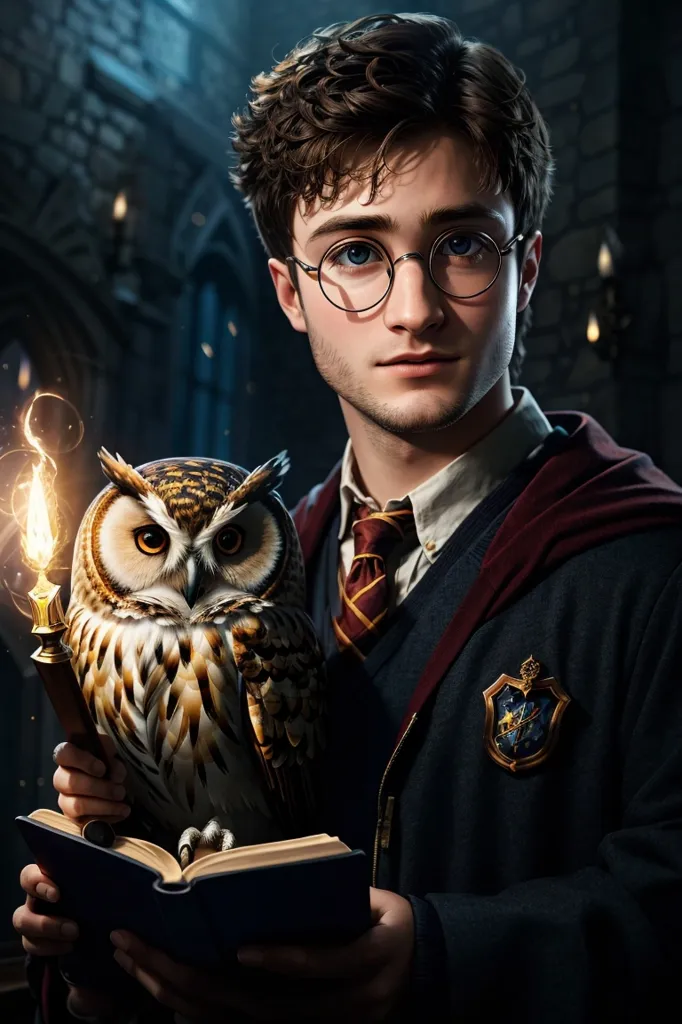 This is a picture of Harry Potter, a fictional character from the Harry Potter series of novels written by J.K. Rowling. He is depicted as a young man with messy brown hair and green eyes, wearing glasses and a Hogwarts uniform. He is standing in a dark room, holding a book and an owl is perched on his arm.