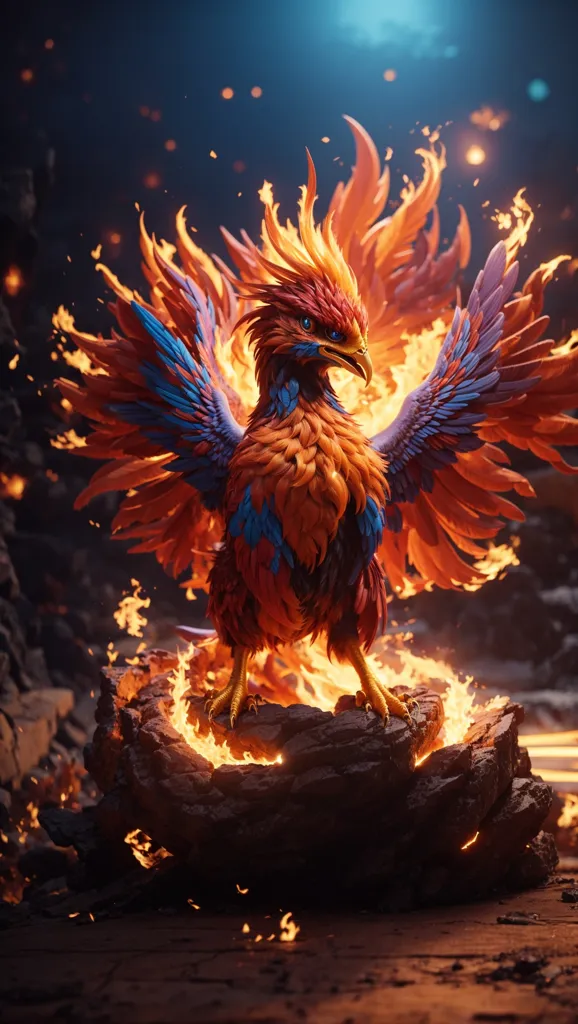 The image shows a phoenix, a mythical bird that is said to be a symbol of hope and renewal. The phoenix is depicted as a large, majestic bird with fiery red, gold, and blue feathers. It is standing on a rock in the middle of a raging fire, but the flames do not seem to harm it. The phoenix's wings are spread wide, and its head is held high. Its eyes are bright and piercing, and they seem to be filled with wisdom and knowledge.