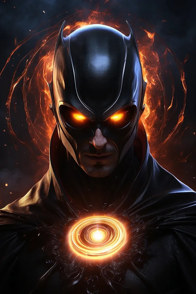 The image is of a superhero. He is wearing a black suit with a yellow symbol on his chest. His eyes are glowing yellow and he has a yellow aura around him. He is standing in front of a fiery background.