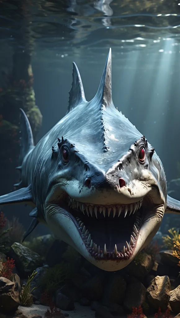 The image shows a large, prehistoric shark with a long, pointed snout and rows of sharp teeth swimming towards the viewer. Its body is covered in dark, rough skin, and its eyes are a deep, piercing red. The shark is surrounded by a swirling cloud of sand and debris, and the water around it is dark and murky.