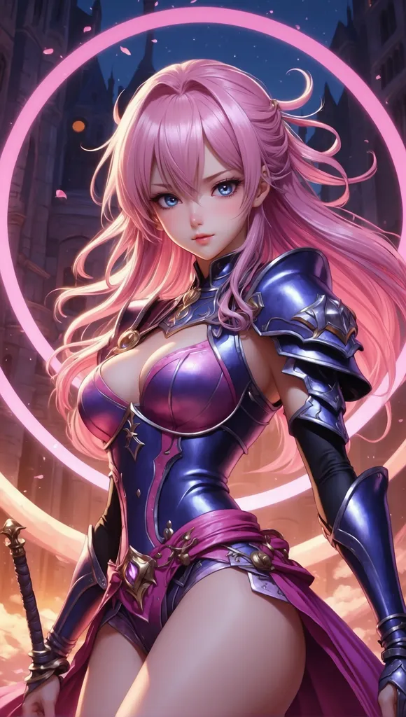 The picture shows a beautiful anime girl with pink hair and blue eyes. She is wearing a revealing armor that is dark blue and pink. She is also wearing a pink cape. She is standing in a fighting stance, with her sword drawn. There is a pink magic symbol behind her.