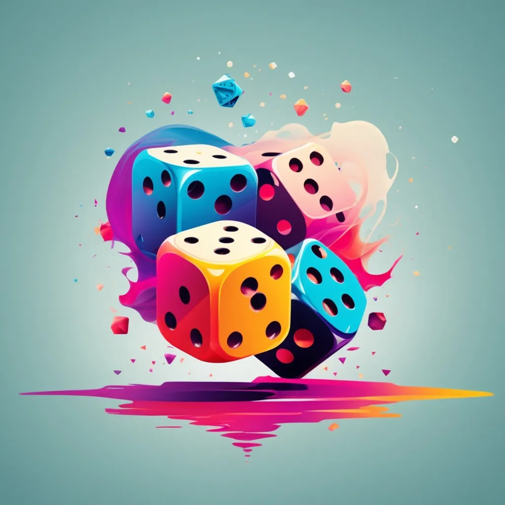 This is a picture of four multi-colored dice. The colors are blue, yellow, red, and black. The dice are in a splash of multi-colored liquid. The liquid is pink, blue, and yellow. The background is a light blue color.