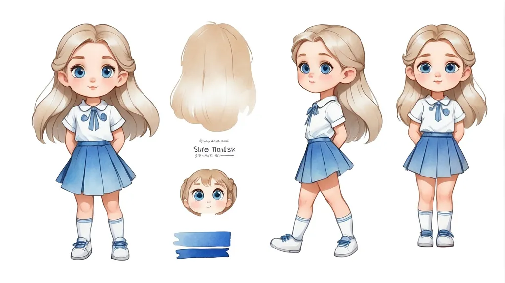 This is an image of a little girl. She has long blonde hair and blue eyes. She is wearing a white shirt, a blue skirt, and white socks. She is also wearing a blue bow in her hair. She is standing in a three-quarter view with her left foot forward. Her expression is serious.