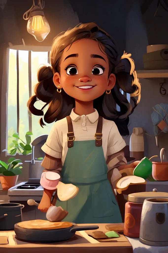 This is a picture of a young girl cooking in the kitchen. She is wearing a white shirt, green apron, and her hair is in two ponytails. She is smiling and looks happy. She is holding bread in her hands and there is a frying pan on the table. There is a plant in the background.