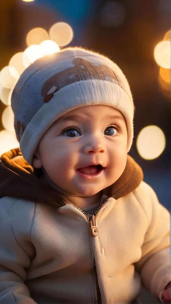 The baby is wearing a cute winter hat with a bear on it. The baby's cheeks are rosy, and the eyes are bright. The baby is smiling and looks very happy. The background is blurry, with little white lights.