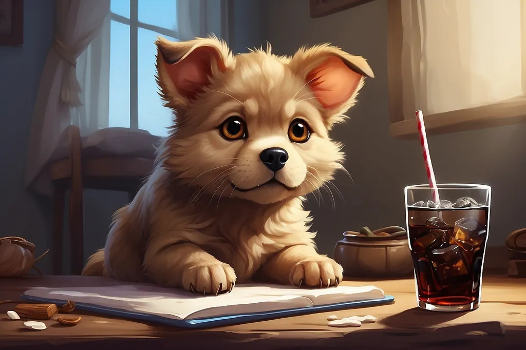 An adorable puppy is sitting on a table with a book and a glass of soda. The puppy has light brown fur and big, floppy ears. It is looking up at the viewer with a curious expression. The book is open and there is a soda on the table. The background is a blurry window.