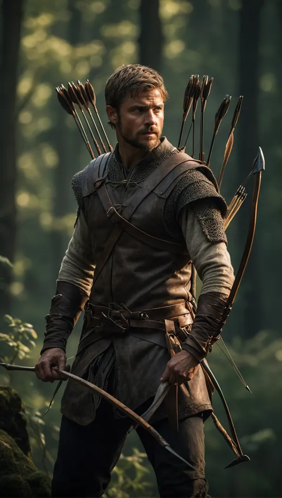 The image shows a man in a brown leather jerkin and chainmail armor. He has a quiver of arrows on his back and is holding a bow and arrow. He is standing in a forest, and there is a hint of a smile on his face. He looks like he is about to fire an arrow.