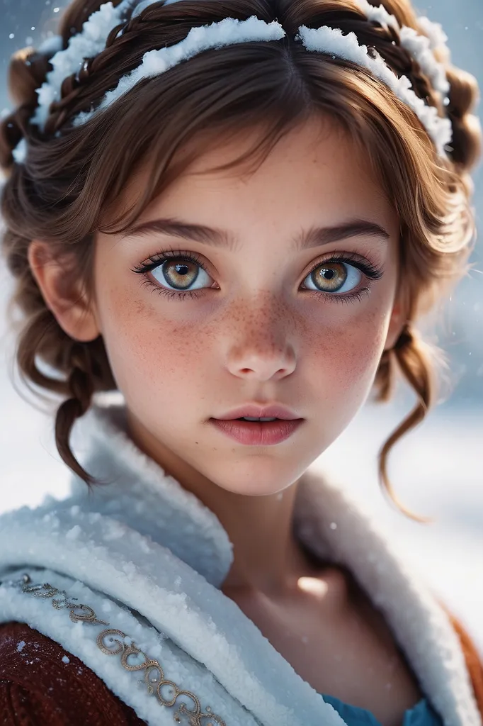 big brown eyes, slightly tan, freckles, short face, 12 year old queen, goddess of ice, frost, and snow, brown hair, add torso