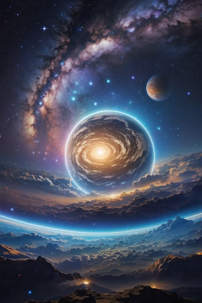 The image is set in a vast and colorful universe. There are stars, planets, and galaxies all around. In the center of the image, there is a large, glowing planet. The planet is surrounded by a thick atmosphere and has a bright, swirling core. There are clouds, mountains, and a large body of water on the surface of the planet. The image is very beautiful and awe-inspiring.