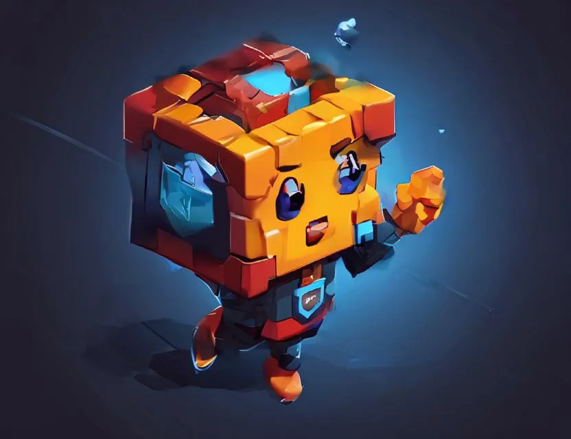 The image shows a small, orange robot with a friendly expression on its face. It appears to be made of blocks, with visible screws and bolts. It is wearing a blue cape and has a blue light on its head. It is standing on a dark blue surface with a light blue background. The robot is looking at the viewer with its head tilted slightly to the side.