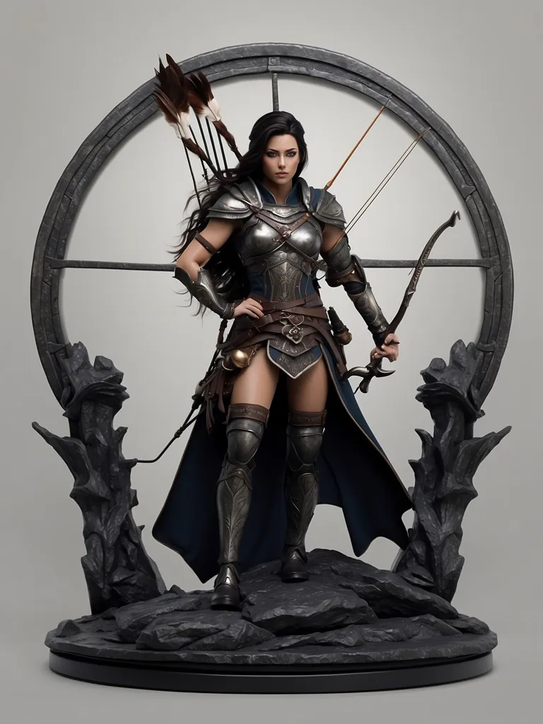 This is an image of a female warrior. She is wearing a suit of armor and is carrying a bow and arrow. She is standing on a rocky outcrop, and there is a large round window behind her. The warrior is looking to the left of the frame, and she has a determined expression on her face. She is ready to fight.