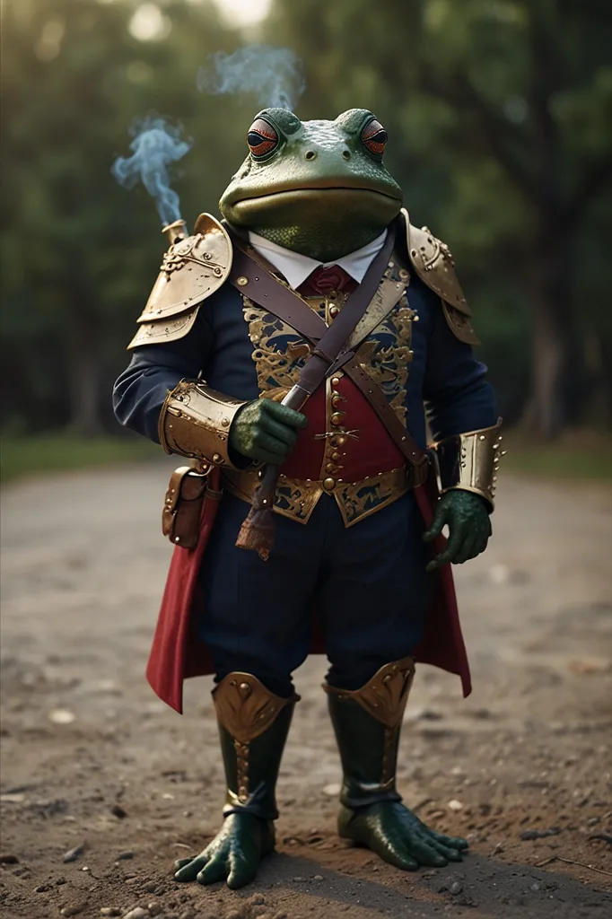 The image is a 3D rendering of a anthropomorphic frog wearing a blue and red outfit. The frog is smoking a pipe and has a sword on its hip. It is standing in a forest setting. The image is rendered in a realistic style and the frog has a very detailed appearance.