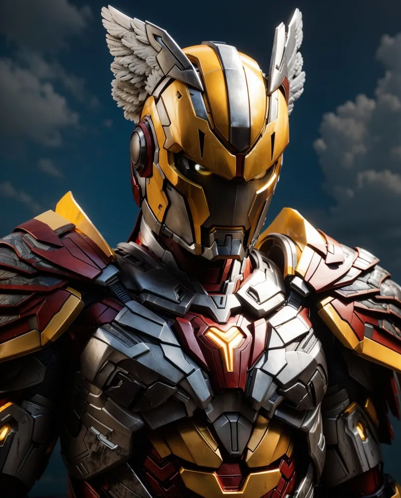 The image shows a superhero wearing a yellow and red suit of armor. The armor has a metallic sheen and is decorated with intricate details. The superhero has a helmet with a visor that covers their eyes. The helmet has a pair of wings on the sides. The superhero is looking to the right of the frame.