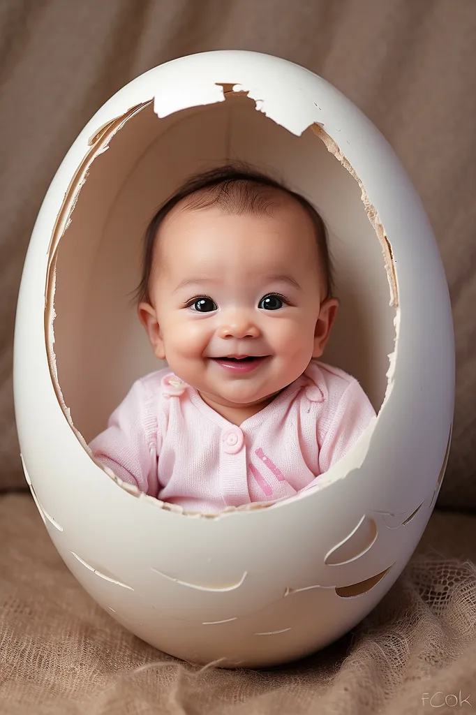 The image shows a baby sitting in an eggshell. The baby is smiling and looking at the camera. The eggshell is cracked and the baby's head is poking out. The baby is wearing a pink and white outfit. The background is a soft brown color. The image is cute and funny.