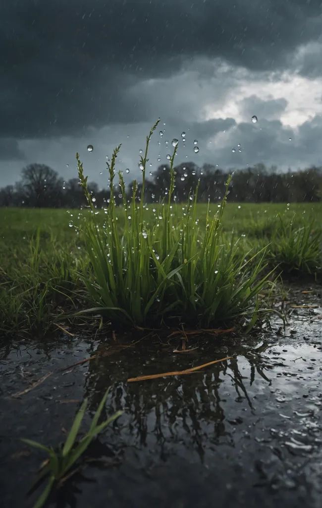 It's raining heavily in the field. The raindrops are falling on the grass and making small splashes. The grass is green and lush. The sky is dark and cloudy. The ground is wet and muddy. There is a puddle of water in the foreground. The raindrops are making ripples in the puddle.