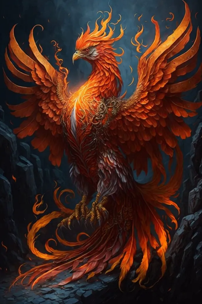 The phoenix is a mythical bird that is said to be a symbol of hope and renewal. It is said to live for 500 years, and then it bursts into flames and is reborn from the ashes. The phoenix is often depicted as a large, brightly colored bird with a long tail. It is often associated with fire and the sun.