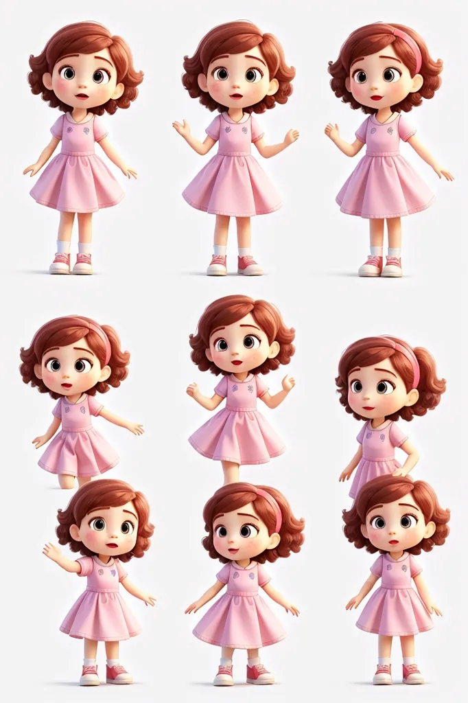 The image shows a cute little girl in a pink dress. She has brown hair and brown eyes. She is standing in different poses. She looks happy and excited. She is wearing a pink dress and white shoes. Her hair is short and brown. She has a small smile on her face. She is standing with her arms outstretched in front of her.