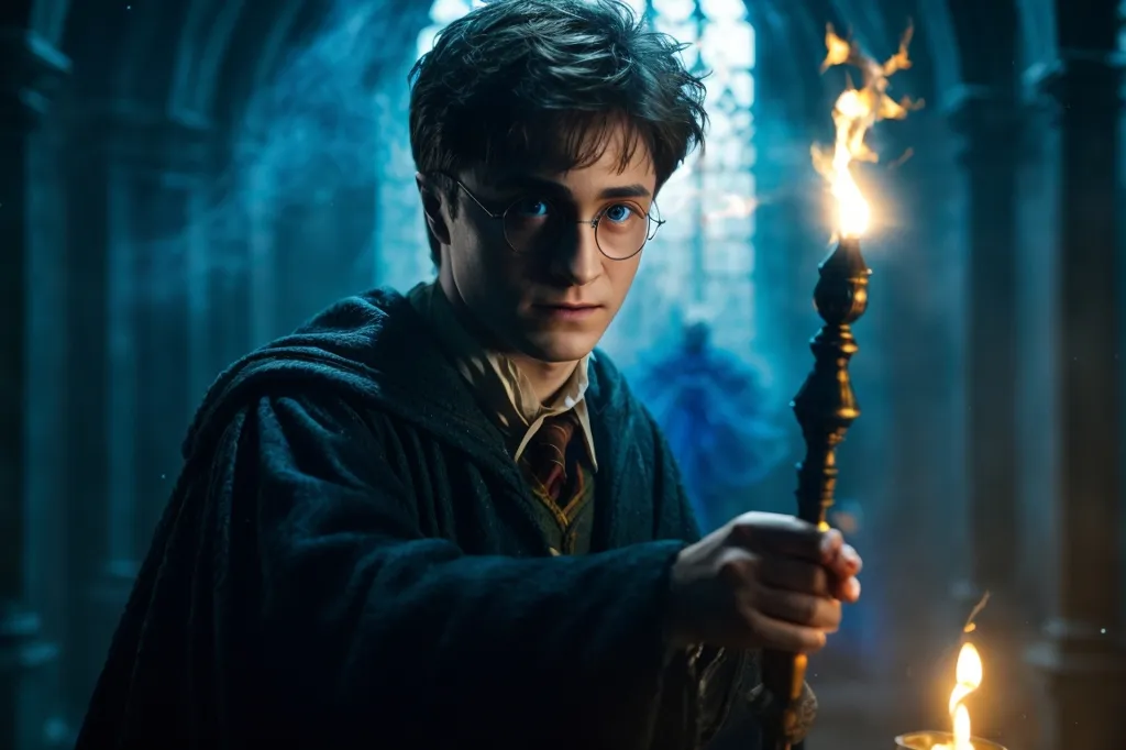 This is a picture of Harry Potter, a fictional character in a series of fantasy novels written by J. K. Rowling. Harry Potter is a young wizard who attends Hogwarts School of Witchcraft and Wizardry. He is known for his bravery and determination, as well as his ability to overcome great obstacles. In this picture, Harry is depicted as a young man with messy black hair and green eyes. He is wearing his Hogwarts robes and holding a wand. He is standing in a dark room, with a mysterious blue light illuminating his face. The overall tone of the picture is one of mystery and suspense, as Harry seems to be facing an unknown danger.