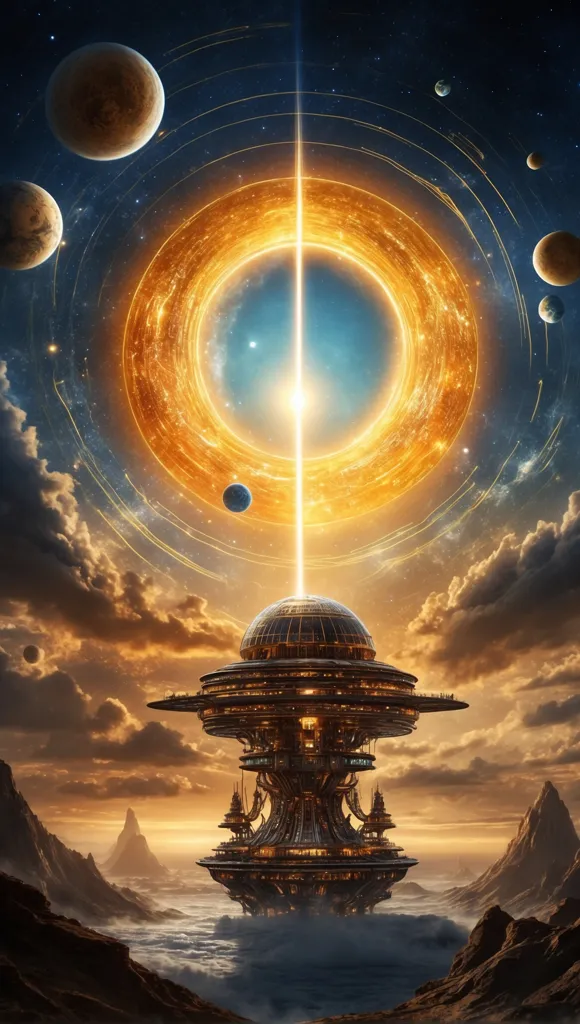 The image is set in a vast and awe-inspiring universe. There is a large, glowing planet in the background, and a number of smaller planets and moons orbiting it. In the foreground, there is a tall, imposing tower that seems to be made of metal and glass. The tower is surrounded by clouds, and there are bolts of lightning striking down from the sky. The overall effect is one of mystery and wonder, and the viewer is left to imagine what might happen next.