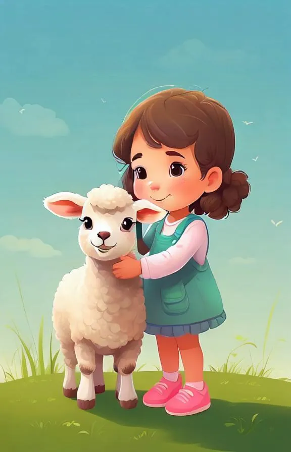 The little girl is standing in a green field, hugging a white lamb. The lamb is looking up at her with a happy expression. The girl has brown hair and is wearing a blue dress and pink shoes. The sun is shining brightly in the background.