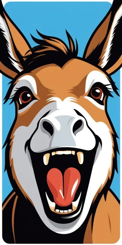 The image shows a cartoon donkey laughing with his mouth wide open. The donkey is brown and white with a black mane and tail. His teeth are showing and his tongue is hanging out. The background is blue.