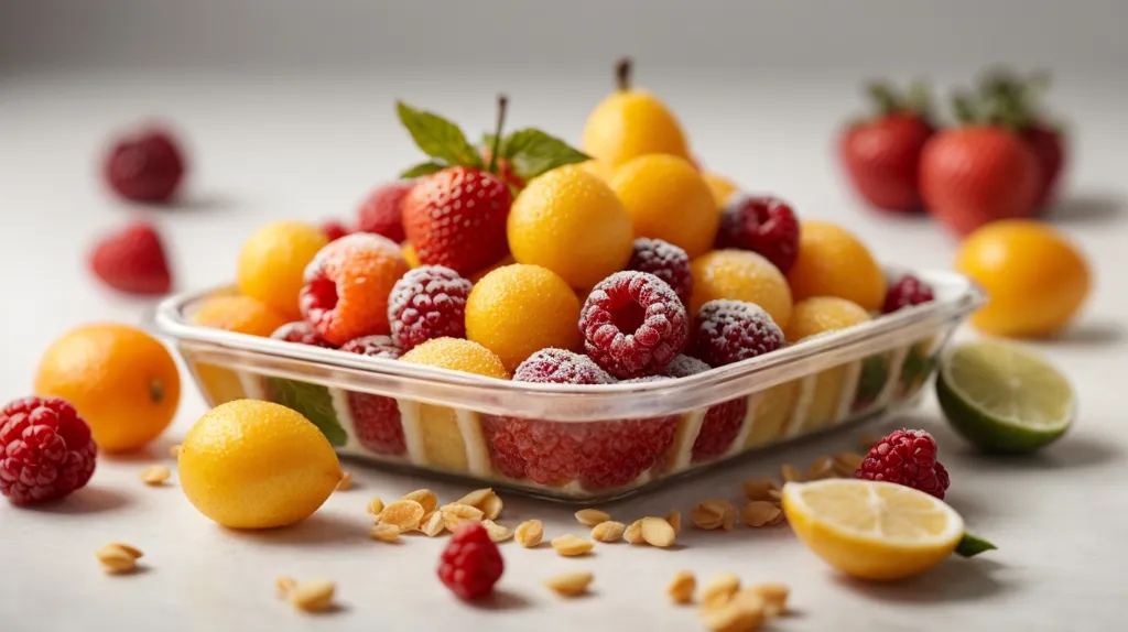 The image shows a bowl of fruit. There are strawberries, raspberries, and yellow plums. The fruit is arranged in a visually appealing way. The background is white, which makes the fruit stand out. The image is well-lit, and the colors are vibrant. The overall effect is one of freshness and health.