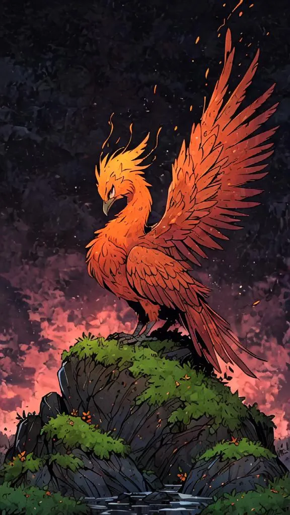 The image shows a majestic phoenix standing on a rock in front of a dark background. The phoenix is mostly red and orange, with a crest of feathers on its head and a long, flowing tail. The rock is covered in moss and there are some green plants growing around it. The phoenix is looking to the right of the frame, its wings spread wide. The background is dark, with a stormy sky and clouds.