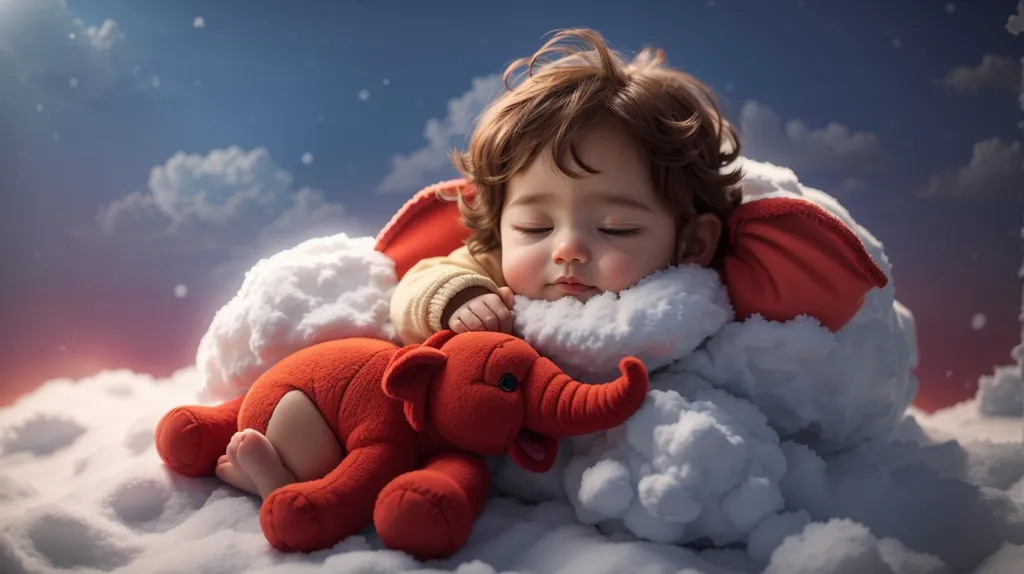 The image shows a sleeping baby boy. He is lying on a soft white cloud and cuddling a red plush elephant. The baby is wearing a white onesie and has curly brown hair. His eyes are closed, and he has a peaceful expression on his face. The background is a blue sky with white clouds. The image is warm and inviting and depicts a moment of innocence and peace.