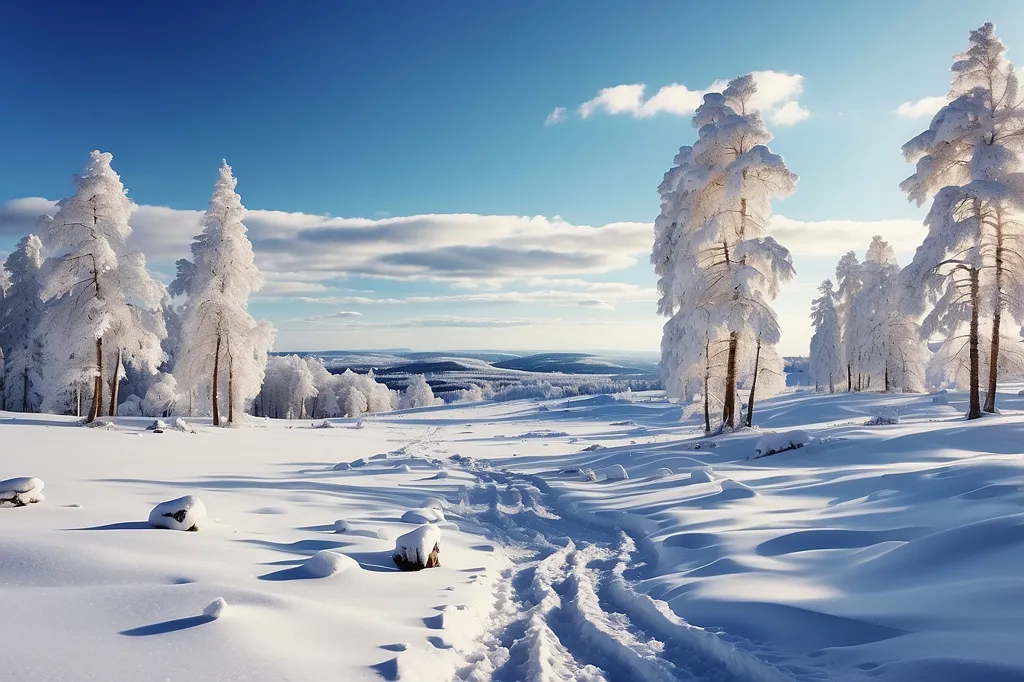 The image shows a beautiful winter landscape. The trees are covered in snow and the ground is blanketed in a thick layer of snow. There are no people in the image, which makes it feel very peaceful and serene. The sun is shining brightly, which creates a beautiful sparkle on the snow. The sky is a clear blue, with a few clouds dotting the horizon. The image is very calming and peaceful, and it讓人想起冬天的美好。