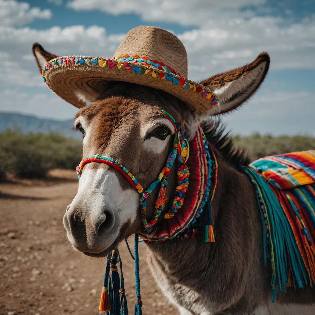 A donkey wearing a sombrero is standing in the desert. The donkey is wearing a colorful beaded necklace and a blanket with tassels.  The donkey looks like he is smiling and is very happy.