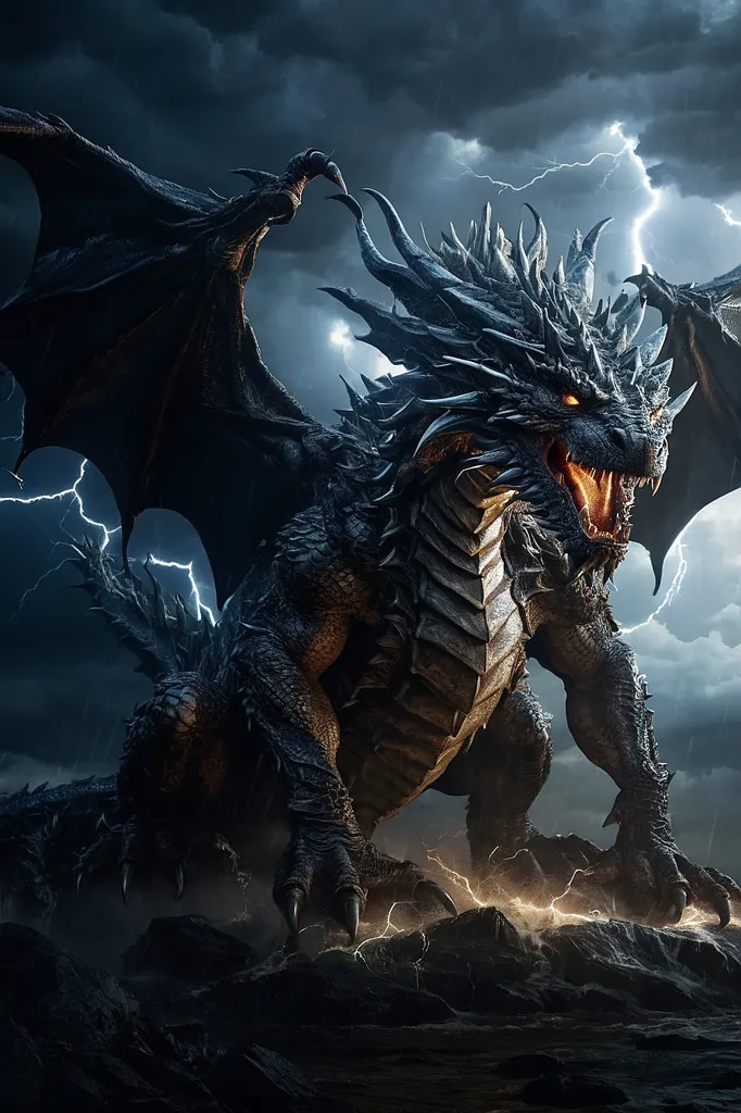 A fearsome black dragon sits on a rocky outcropping, its wings spread wide and its tail lashing. The dragon's eyes are bright yellow, and its mouth is open in a roar. Lightning flashes in the background, and the clouds are dark and stormy. The dragon is a powerful and dangerous creature, and it is clear that it is not to be trifled with.