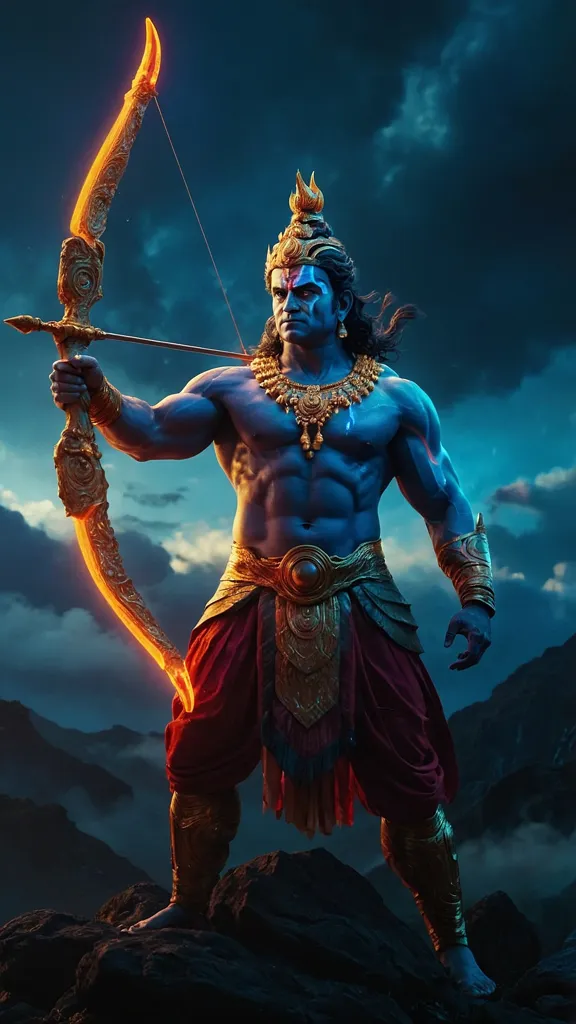 The image shows a tall, muscular man with a bow and arrow. He is wearing a loincloth and has a quiver of arrows slung over his shoulder. He is standing on a rock in front of a mountainous landscape. The sky is dark and there are clouds in the background. The man is looking to the left of the frame. He has a determined expression on his face.