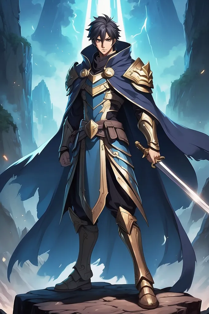 This is an image of a man with a sword. He is wearing a blue and gold outfit and a cape. He has brown hair and blue eyes. He is standing on a rock in front of a blue background. There are mountains in the background and a bright light in the sky.