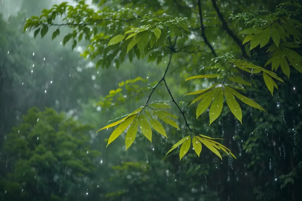 It is raining heavily in the forest. The rain is falling on the leaves of the trees. The leaves are getting wet and shiny. The rain is making a lot of noise as it falls on the leaves. The trees are swaying in the wind. The rain is also making the ground wet. The forest is very beautiful in the rain.