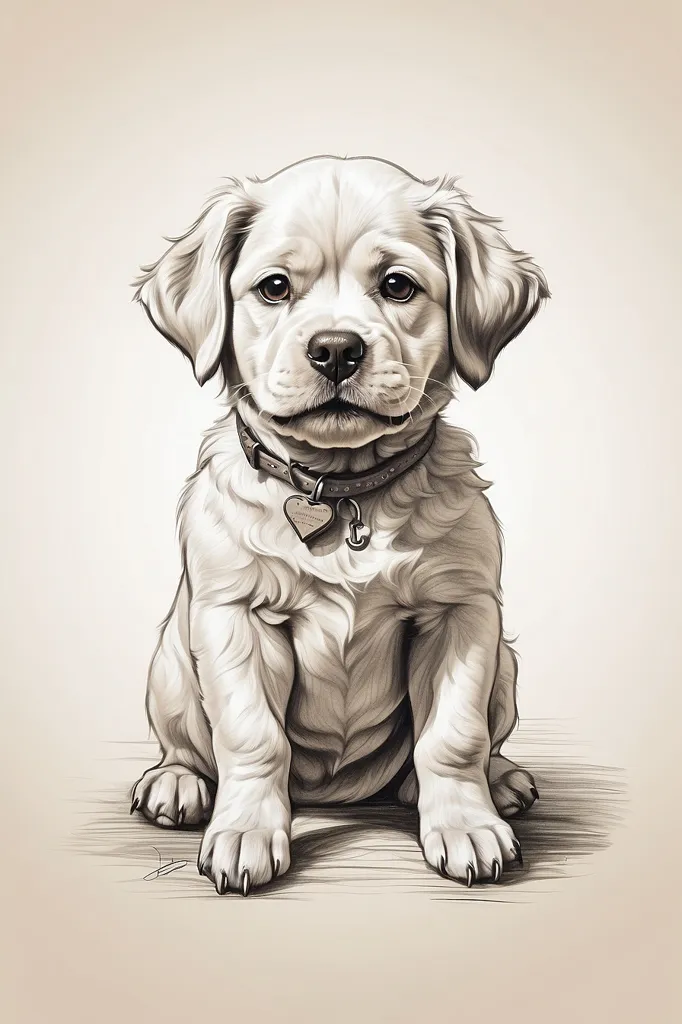 The image shows a cute puppy with light fur and dark eyes. The puppy is wearing a collar with a heart-shaped tag. The puppy is sitting on a light-colored surface and looking up at the viewer with a curious expression. The puppy's fur is fluffy and looks soft to the touch. The puppy's eyes are dark and round, and they seem to be full of intelligence and curiosity. The puppy's nose is small and black, and its mouth is slightly open. The puppy's ears are floppy and垂れている. The puppy's tail is wagging, which shows that it is happy and friendly. The background of the image is a light color, which helps to make the puppy stand out. The image is drawn in a realistic style, and the artist has used shading to create depth and dimension. The image is cute and appealing, and it is sure to make viewers smile.