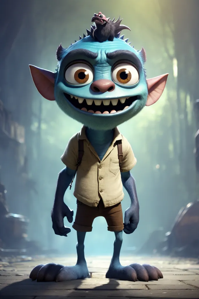 A blue creature with large ears and a toothy grin is standing in a dark alleyway. He is wearing a brown shirt and shorts and has a small lizard-like creature perched on his head. The creature is looking at the camera with a mischievous expression.