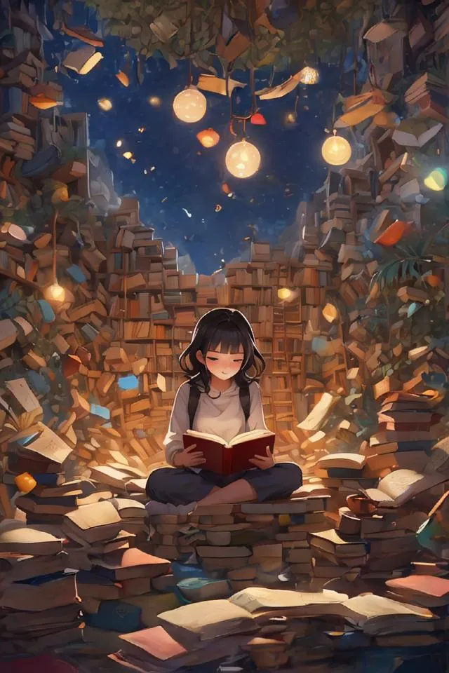 A girl is sitting on a pile of books, reading a book. She is surrounded by books, and there are lanterns hanging from the ceiling. The girl is wearing a casual outfit, and she has long black hair. She is sitting cross-legged, and she is holding the book in her hands. She is looking at the book, and she is smiling. The background is a blur of books, and there is a starry night sky above. The image is peaceful and relaxing, and it captures the joy of reading.