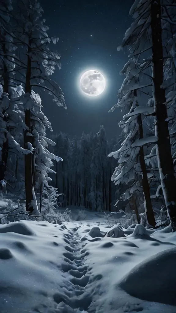 The full moon is shining brightly over a snow-covered forest. The snow is pristine and untouched, and the only sound is the gentle crunching of snow underfoot. The trees are bare, their branches reaching out to the sky like skeletal hands. The moonlight casts a bluish glow on the snow, making it look like a winter wonderland. The scene is beautiful and serene, and it讓人感覺很平靜。