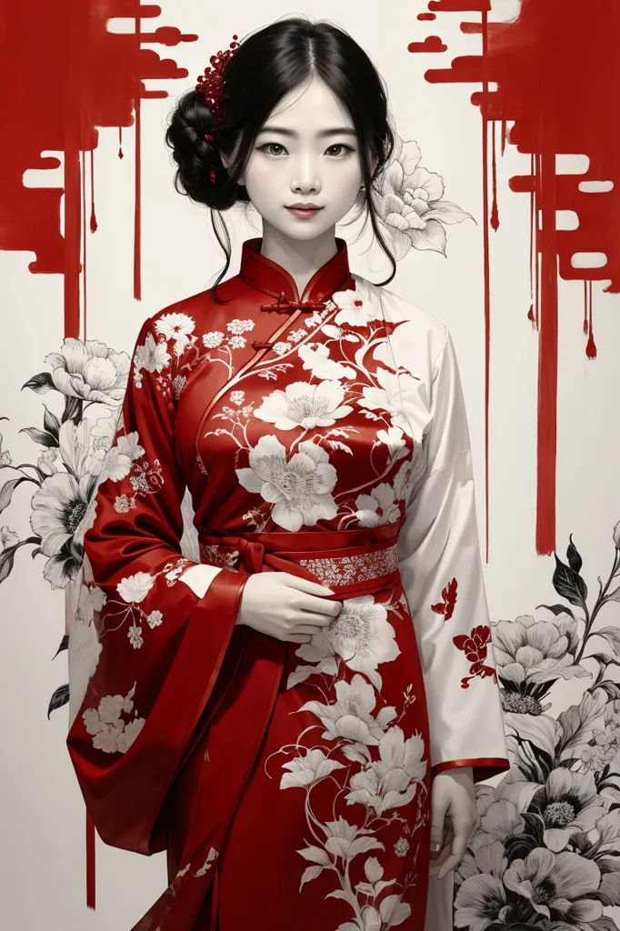 This is an image of a beautiful young woman in a red and white cheongsam. The cheongsam is a traditional Chinese dress that is typically worn by women. It is usually made of silk or other fine fabrics and is often decorated with intricate designs. The woman in the image is wearing a red cheongsam with a white collar and cuffs. The cheongsam is also decorated with a floral pattern. The woman's hair is pulled back in a bun and she is wearing traditional Chinese makeup.