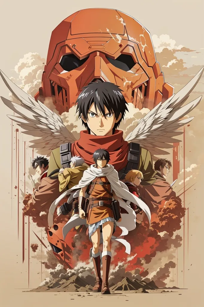 The image is an anime-style illustration of a group of characters. In the center is a young man with short black hair and brown eyes. He is wearing a red and white outfit and has a determined expression on his face. He is surrounded by four other characters, two men and two women. They are all wearing similar outfits and have serious expressions on their faces. In the background, there is a large red mech with white wings. The image is set in a war-torn city, and the characters are all armed with weapons.