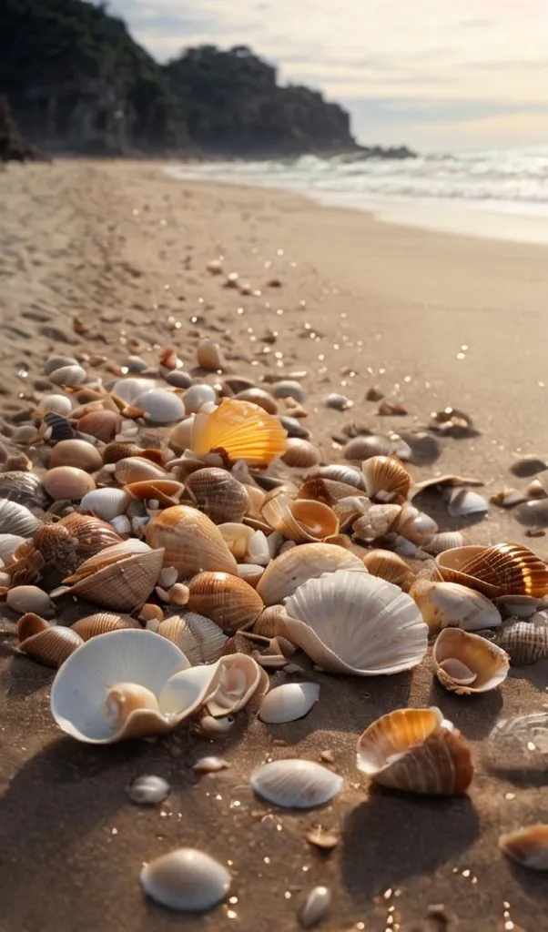 The image shows a beach with lots of seashells scattered on the sand. The shells are of different colors and sizes. Some of them are white, some are brown, and some are a mix of colors. The shells are all different shapes and sizes. Some of them are small and delicate, while others are large and heavy. The shells are all lying on the sand in a haphazard way. There is no order to them. The sand is wet and packed down. There are no footprints in the sand. The water is a light blue color and it is very clear. There are no waves in the water. The sky is a light blue color and it is very clear. There are no clouds in the sky. The sun is shining brightly. The image is very peaceful and relaxing.