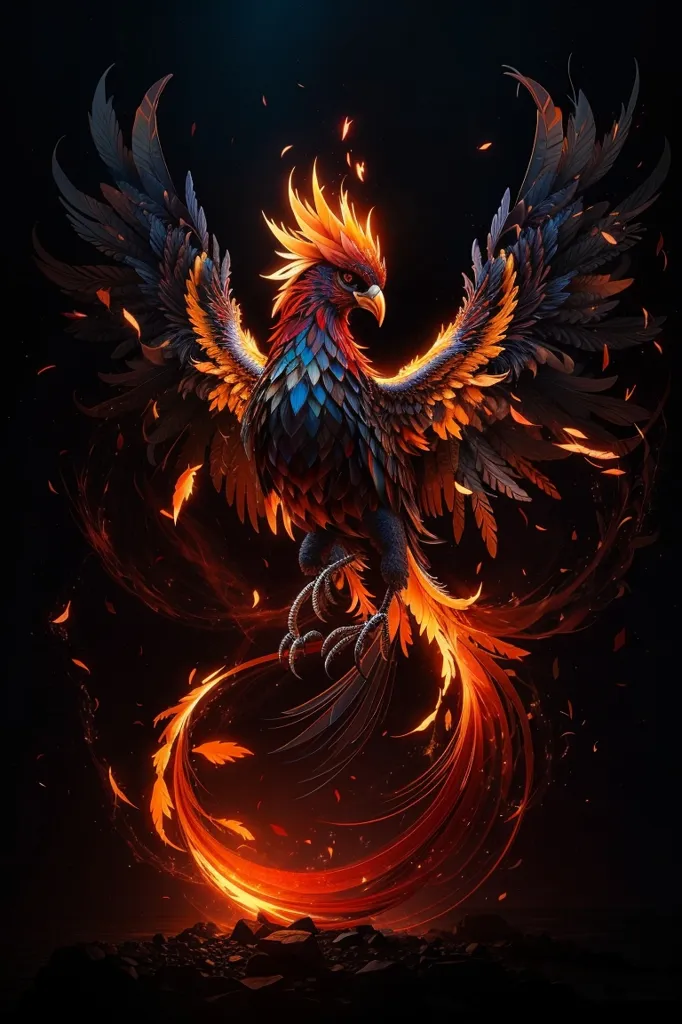 The phoenix is a mythical bird that is said to be a symbol of hope and renewal. It is often depicted as a large, brightly colored bird with a long tail. In this image, the phoenix is shown rising from the ashes of its former self. The flames that surround it represent the destruction and rebirth that the phoenix has experienced. The image is both beautiful and inspiring, and it reminds us that even in the darkest of times, there is always hope for a new beginning.