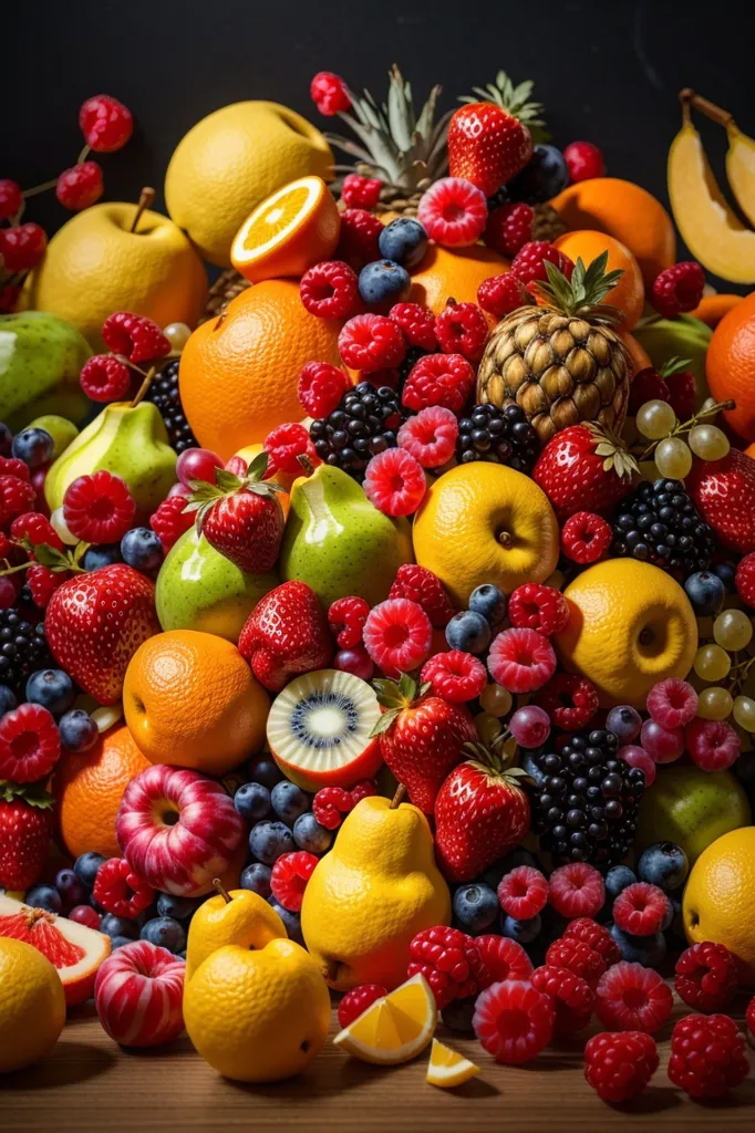 The image shows a variety of fruits. There are apples, oranges, pears, pineapples, grapes, raspberries, blueberries, and strawberries. The fruits are all arranged in a colorful and appealing way. The background is a dark color, which makes the fruits stand out. The image is taken from a high angle, which gives the viewer a good view of the fruits.