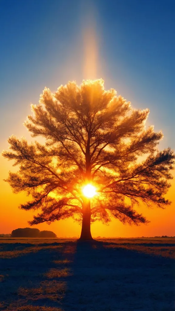 The image is of a large tree with the sun setting behind it. The sky is a gradient of orange and yellow, with the sun being a bright yellow orb. The tree is dark in color, with its branches reaching out towards the sky. The ground is covered in grass, with a few blades of grass reaching up towards the sun. The image is peaceful and serene, and it evokes a feeling of hope and optimism.