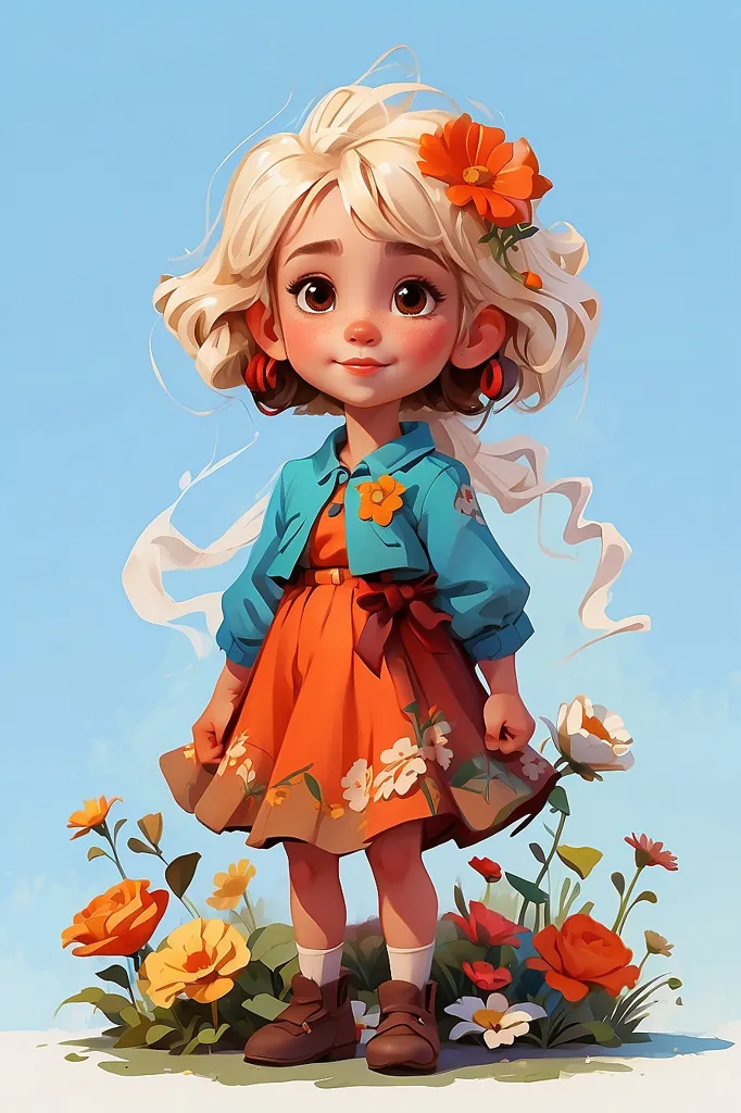 This is a picture of a little girl. She has short blond hair and brown eyes. She is wearing a blue sweater and an orange dress with white flowers. She is standing in a field of flowers. The background is light blue. The girl is smiling.