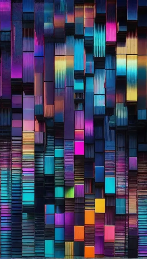 Rectangles of varying sizes and colors are arranged in a grid-like pattern. The colors are mostly blue, purple, and pink, with some yellow and green. The rectangles are arranged in a way that creates a sense of depth and movement. The overall effect is one of visual interest and complexity.